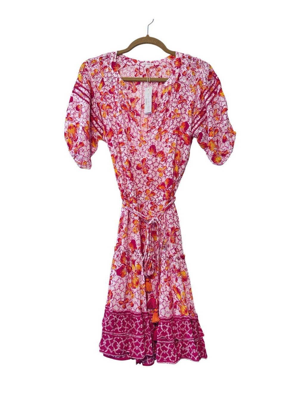 Poupette St Barth Bona Mini Dress Pink Iris Flower Tassel Tie Small, Medium NWT